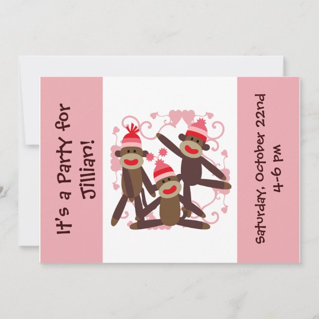 Kundengebundene Mädchen-Socken-Affe-12x18 Einladung (Vorderseite)