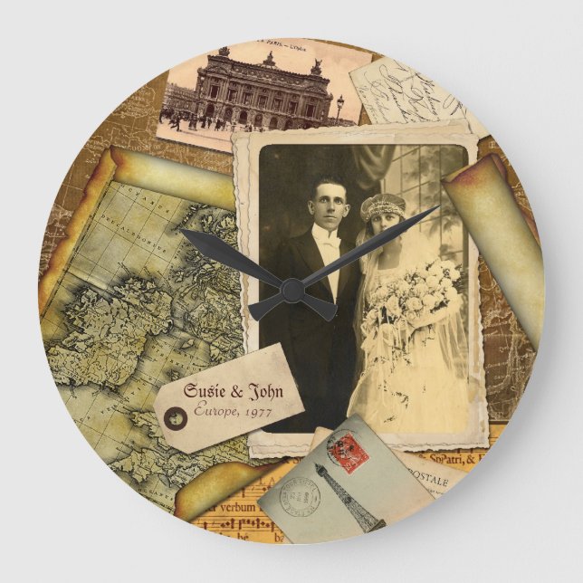Kundengerechte Vintage Papierrahmen-Foto-Collage Große Wanduhr (Vorderseite)
