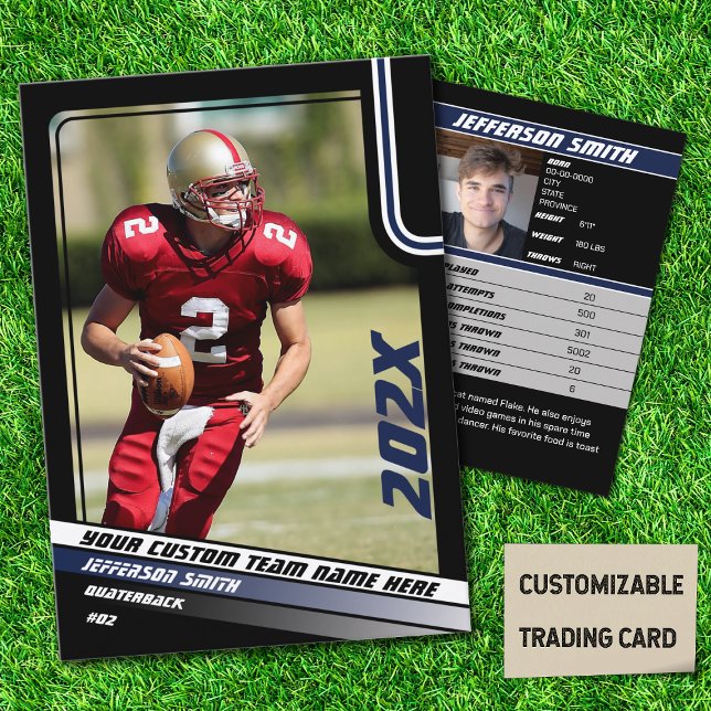 Kundenkarte für Fußball-Spieler in Blau Telefonnummerkarte (American Football Player Trading Card in Black with Custom Team and Player Name with Blue Stripes)