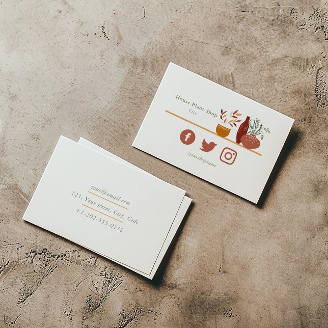 Kundenkarte für kleine Pflanze Visitenkarte (House plant shop business card with minimalist plant illustration and social media icons.)