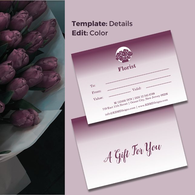 💝 Kundenkarte für Lila und weiße Geschenkgutschei Mitteilungskarte (💝Custom Purple & White Gift Certificate Note Card, Florist Shop Branding)