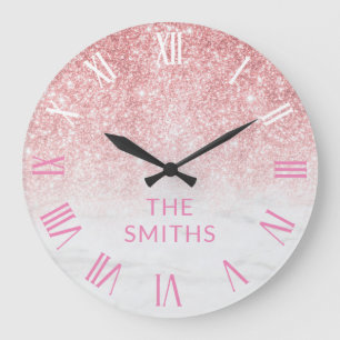 Kundenname Rose Gold Glitzer und Marmor Große Wanduhr