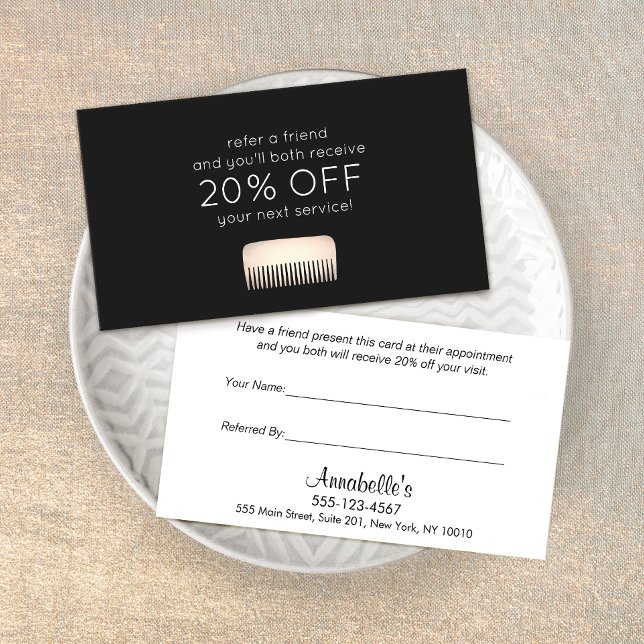 Kundenreferenz für Hair Stylist Gold Comb Empfehlungskarte (Von Creator hochgeladen)