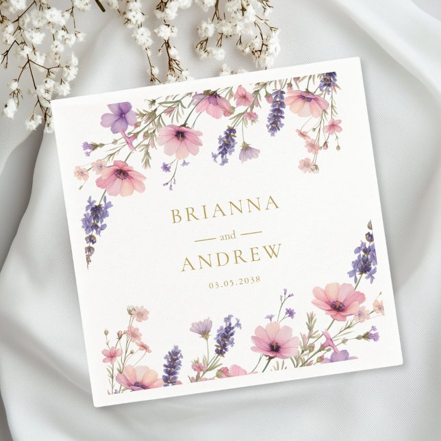 Kundenspezifische Blumenhochzeit Serviette (Personalized Customer specific Floral, Pink + Purple  Wedding Napkins with your name and date.)