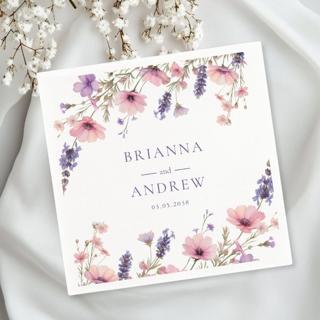 Kundenspezifische Blumenhochzeit Serviette (Personalized Customer specific Floral, Pink + Purple  Wedding Napkins with your name and date.)