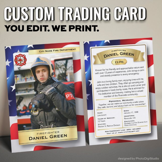 Kundenspezifische Firefighter-Handelskarten Telefonnummerkarte (Custom Fireman Trading Cards with USA Flag and Gold Elements)