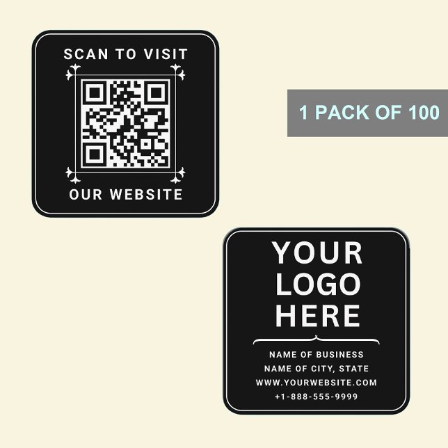 Kundenspezifische Firmenlogos und QR-Code | Modern Quadratische Visitenkarte (Modern Black Custom Logo and QR Code Square Business Card)