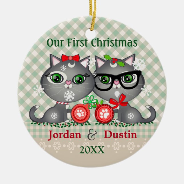 Kundenspezifische rustikale Hipster-Katzen-1. Keramikornament (Vorne)