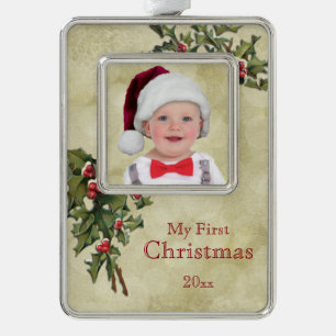 Kundenspezifische Vintage Stechpalmen-erstes Rahmen-Ornament Silber