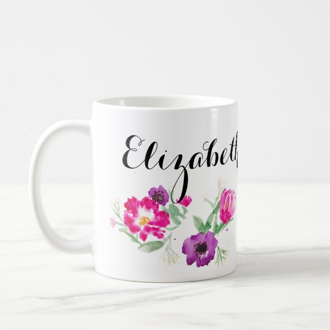 Kundenspezifische Watercolor-Blumen-NamensTasse Kaffeetasse (Links)