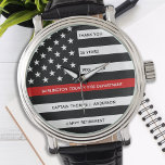 Kundenspezifischer Feuerwehrdienst Feuerwehrruhest Armbanduhr<br><div class="desc">Feiern Sie einen hervorragenden Feuerwehrmann mit dieser Thin Red Line Retirement oder Firefighter Watch - American Flag Design in Firefighter Flag Farben in einem modernen schwarzen und roten Design und zeigen Sie Ihre Wertschätzung. Ideal für Feuerwehrauszeichnungen und Feuerwehrleute-Ruhestandsgeschenke und Feuerwehrleute. Personalisieren Sie diese Feuerwehr Ruhestandswache mit Namen und , Jahre...</div>