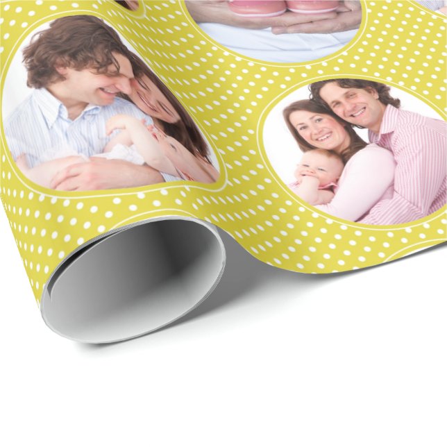 Kundenspezifischer Foto-Collagen-Gelb-Polka-Punkt Geschenkpapier (Rolleneckpunkt)