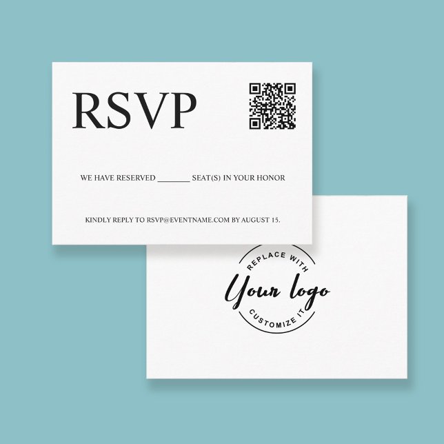 Kundenspezifischer QR-Code Firmenlogo E-Mail-UAWG Begleitkarte (Front and back preview of RSVP email response enclosure cards with QR code and logo)