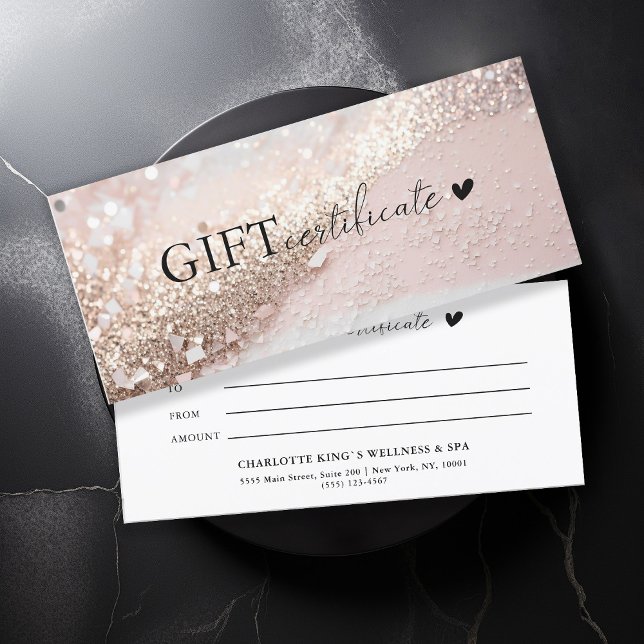 Kundenspezifischer, rosa-goldener Glitzer, Geschäf (Customer specific, trendy, pink-gold, glitter, business gift certificate.)