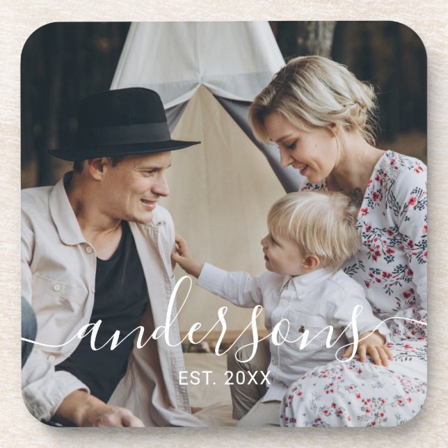 Kundenspezifisches Foto mit Familienname und fests Getränkeuntersetzer (Vorderseite)