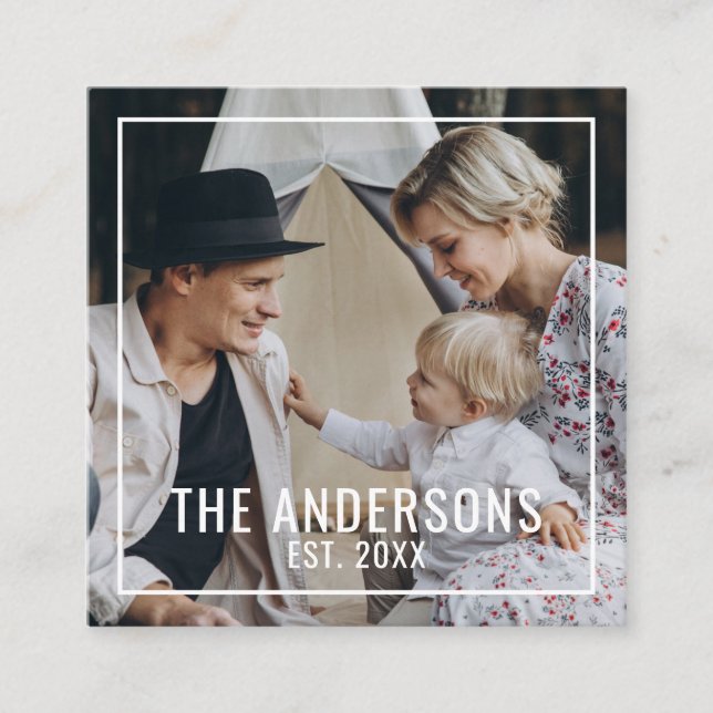 Kundenspezifisches Foto mit Familienname und fests Quadratische Visitenkarte (Vorderseite)