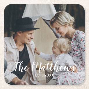 Kundenspezifisches Foto mit Familienname und fests Rechteckiger Pappuntersetzer