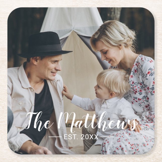 Kundenspezifisches Foto mit Familienname und fests Rechteckiger Pappuntersetzer (Vorderseite)