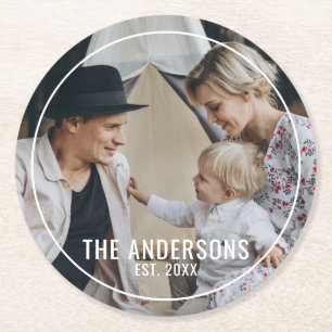 Kundenspezifisches Foto mit Familienname und fests Runder Pappuntersetzer