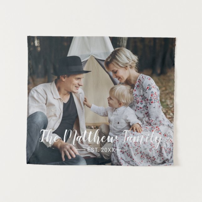 Kundenspezifisches Foto mit Familienname und fests Wandteppich (Vorderseite (Horizontal))