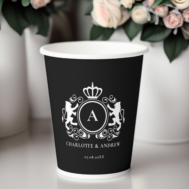 kundenspezifisches Logo Monogram Wappen Paper Cups Pappbecher (customer specific wedding logo Monogram Wappen black Paper Cups. with your name and date)