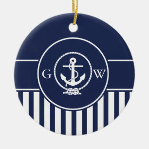 Kundenspezifisches Monogramm-gestreifter Seeanker Keramik Ornament