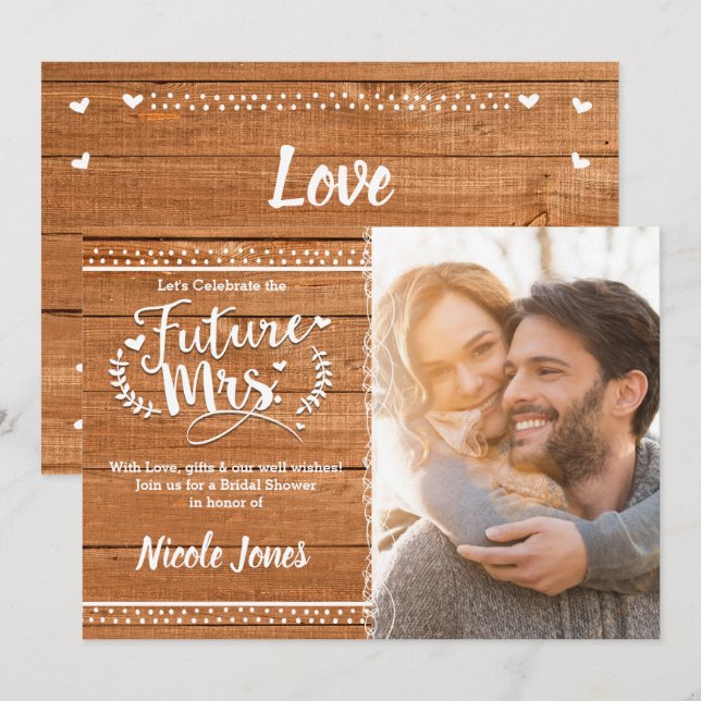 KÜNFTIGE FRAU. Eichenholz Rustikales Brautparty Fo Einladung (Vorne/Hinten)