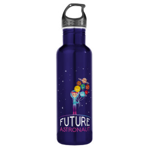 Künftiger Astronaut mit Planeten, der ein lustige Edelstahlflasche