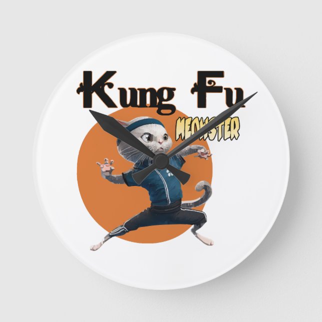 Kung Fu Meowster Runde Wanduhr (Vorderseite)