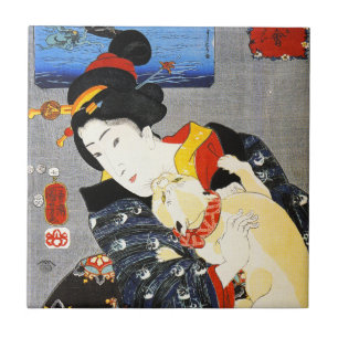 Kuniyoshi Frau mit einer Katzen-Fliese Fliese