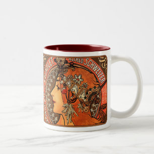 Kunst Alphonse Mucha schöne Nouveau Dame Zweifarbige Tasse