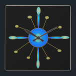 Kunst-Deko-blaues Aqua-Gold > kreative Uhren<br><div class="desc">Eine stark vereinfachte kreative Kunst-Deko-Wanduhr. Dieser decreative Entwurf hat einen schwarzen Hintergrund und Farben des blauen Aqua und des Goldes. Verfügbar nur in der quadratischen Form</div>