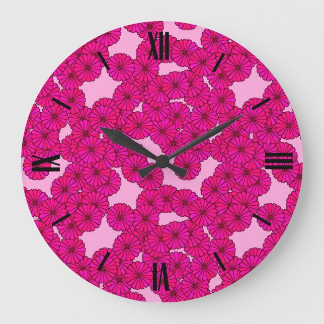 Kunst-Deko-Blumenmuster - Magenta auf Rosa Große Wanduhr (Vorderseite)