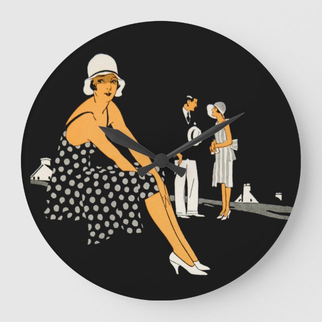 Kunst-Deko-Frau beschuht Polka-Punkt-Schwarzes Große Wanduhr (Vorderseite)