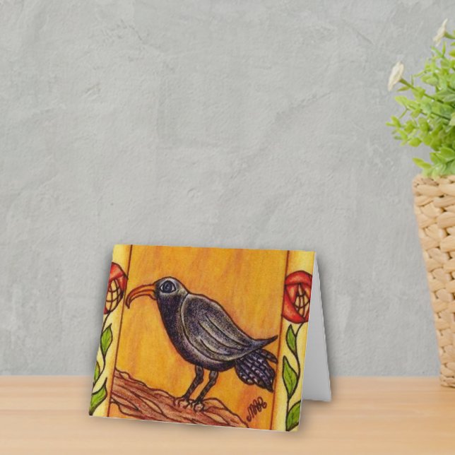 Kunst-Deko-Krähe Notecard Karte (Black crow on branch red abstract flowers on golden yellow notecards.)