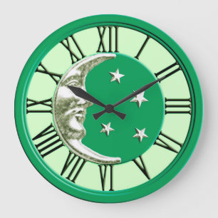 Kunst-Deko-Mond-Gesicht - Jade-Grün und Silber Große Wanduhr