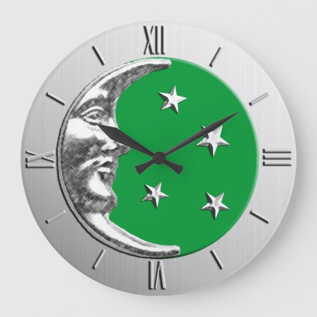 Kunst-Deko-Mond und Sterne - Jade-Grün und Silber Große Wanduhr (Vorderseite)