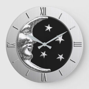 Kunst-Deko-Mond und Sterne - Schwarzes und Silber Große Wanduhr