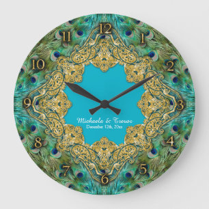 Kunst-Deko-Pfau-GoldGlitzer alter Hollywood Gatsby Große Wanduhr