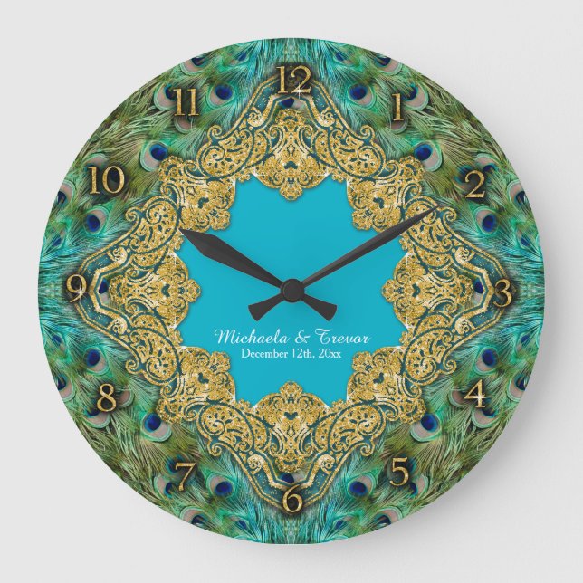 Kunst-Deko-Pfau-GoldGlitzer alter Hollywood Gatsby Große Wanduhr (Vorderseite)