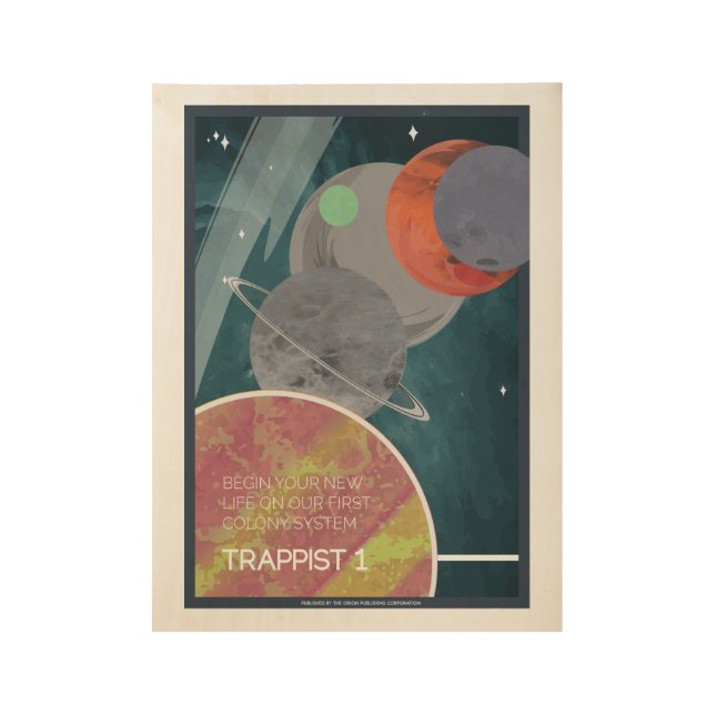 Kunst-Deko-Raumfahrt-Plakat des Trappist-1 Holzposter (Vorderseite)