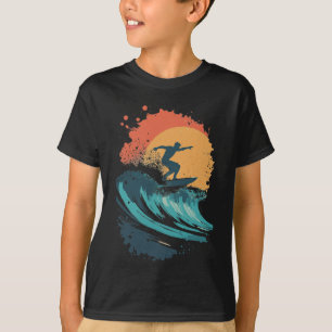 Kunst der Sonnenuntergangs-Surfwelle, Retro-Strand T-Shirt