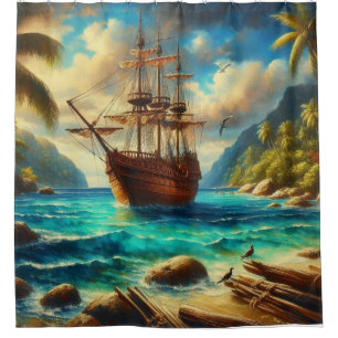 Kunst des karibischen/tropischen Strandschiffes Duschvorhang