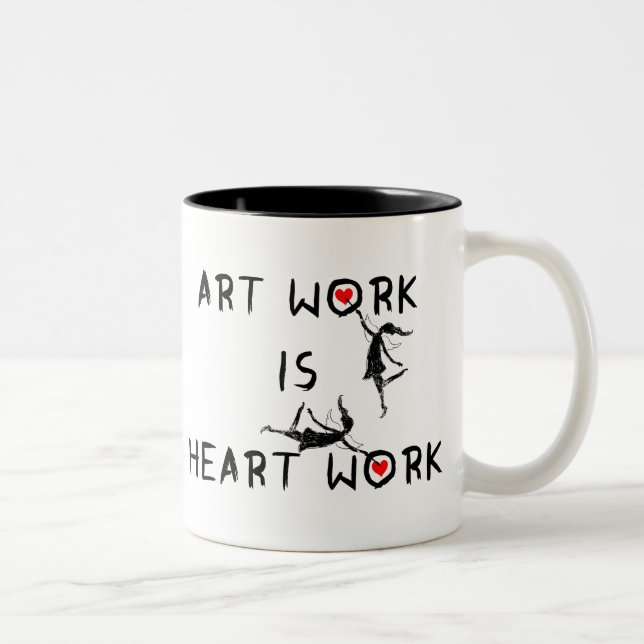 Kunst-Feen: Kunstwerk ist Herz-Arbeit Zweifarbige Tasse (Rechts)