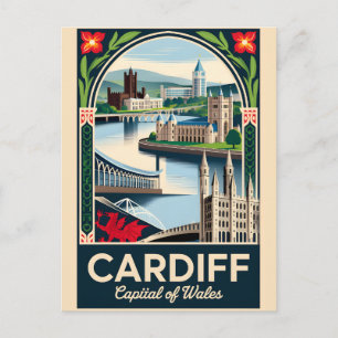 Kunst im Retro-Reiseposter-Stil für Cardiff, Wales Feiertagspostkarte