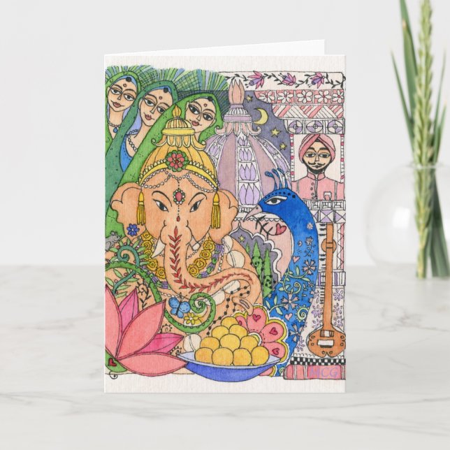 Kunst-Karte - Ganesh und die Pfau-Damen Karte (Vorderseite)