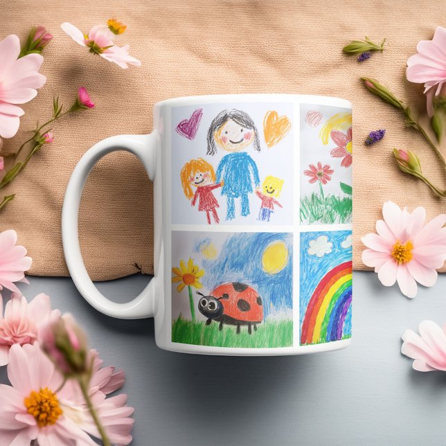 Kunst-Keepake für Kinder 4 Zeichenkollage Kaffeetasse (Start your day with a sip of creativity! Showcasing a vibrant collage of your child’s drawings!)