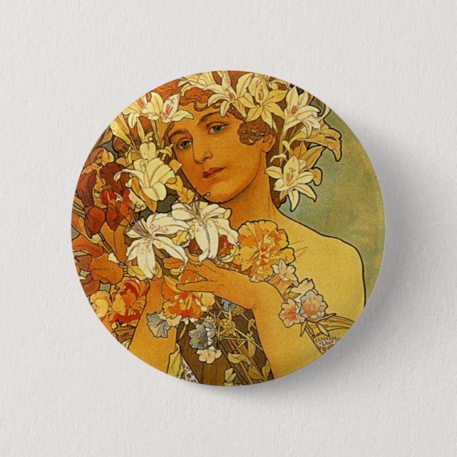Kunst Nouveau Alphonse Mucha Blume Button (Vorderseite)