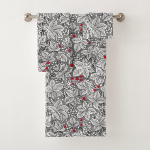 Kunst Nouveau Erdbeeren und Blätter, Grau u. Wei Badhandtuch Set