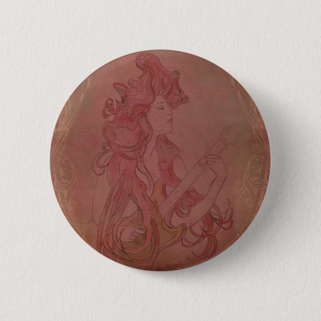 Kunst Nouveau Gitarren-Mädchen-Vintage Rose Button (Vorderseite)